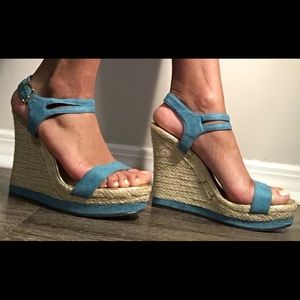 Teal faux suede woven wedge heel